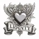 A tattoo design of a heart with wings and a banner that says 'loyalty' flying over a stack of money, symbolizing the importance of staying true to your values while also pursuing financial success tattoo design idea