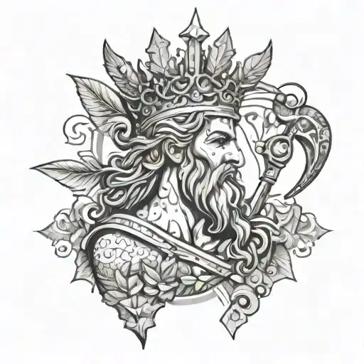 Hera wearing a crown of retail symbols and Poseidon with a trident made of retail items, in a dotwork style tattoo tattoo design idea