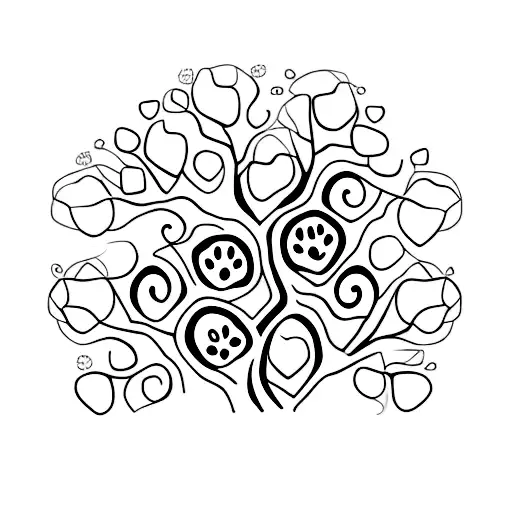 A minimalist design of five interconnected trees, each representing a family member, with a small paw print on each tree to symbolize your love for pets. tattoo design idea