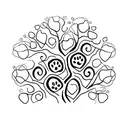 A minimalist design of five interconnected trees, each representing a family member, with a small paw print on each tree to symbolize your love for pets. tattoo design idea