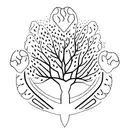 A minimalist design of five interconnected trees, each representing a family member, with a small paw print on each tree to symbolize your love for pets. tattoo design idea