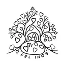 A minimalist design of five interconnected trees, each representing a family member, with a small paw print on each tree to symbolize your love for pets. tattoo design idea