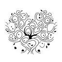 A minimalist design of five interconnected trees, each representing a family member, with a small paw print on each tree to symbolize your love for pets. tattoo design idea