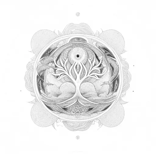 the tree of life on top of the lotus flower with  Ouroboros, a Phoenix and the yin yang symbol tattoo design idea