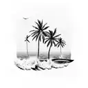 baeach, palm trees and surfing waves tattoo design idea