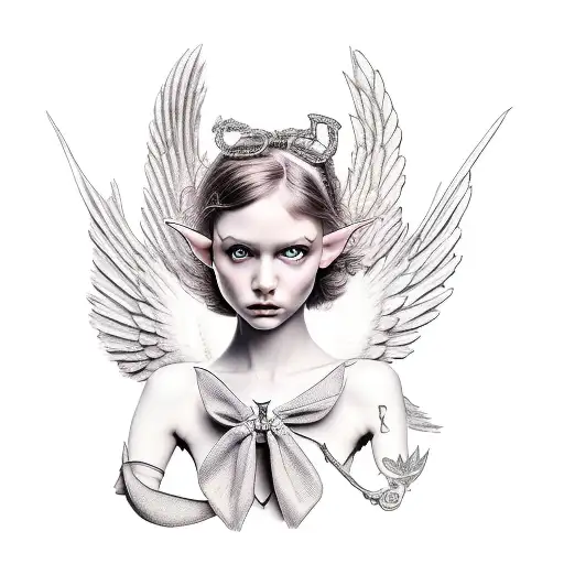 elf girl with bow and wings tattoo design idea