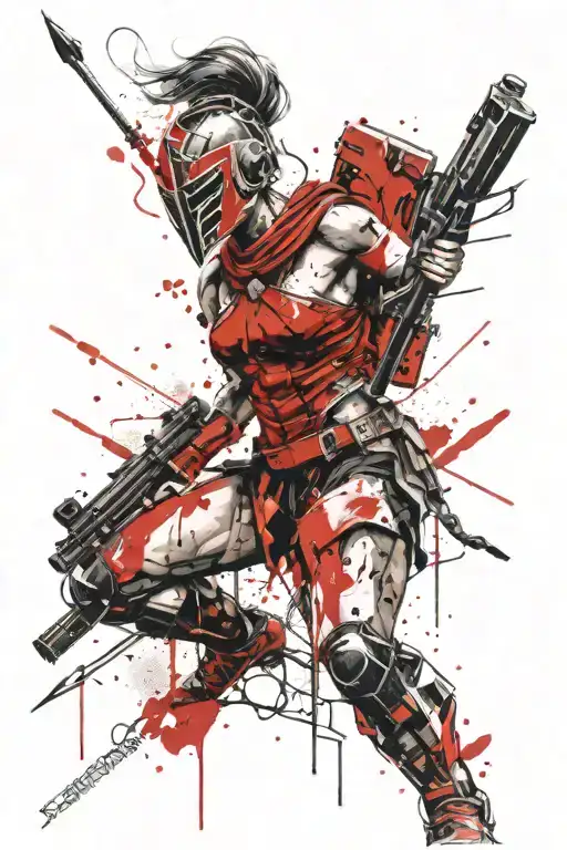 woman Spartan warrior with her weapons incorporated tattoo design idea