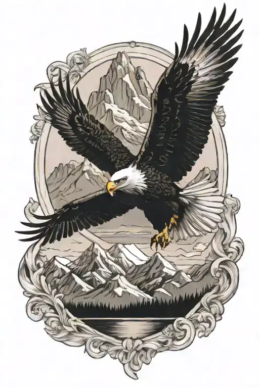 Eagle flying over mountain landscape tattoo featuring oval border tattoo design idea