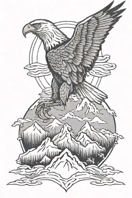 Eagle flying over a mountain landscape tattoo featuring oval border tattoo design idea