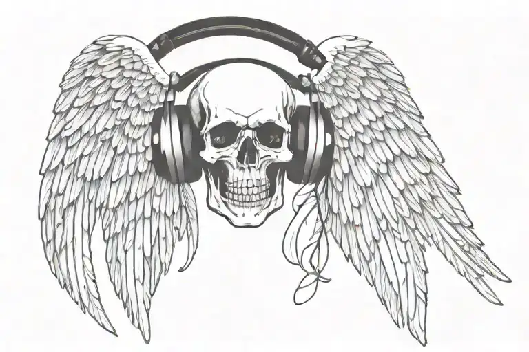 angel wings with skull wearing headphones tattoo design idea