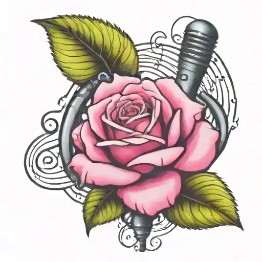 bright pink rose with microphone and musical notes tattoo design idea