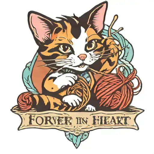 A traditional style tattoo of a calico cat playing with a ball of yarn, with a banner that says 'Forever in my heart, Sophie' tattoo design idea