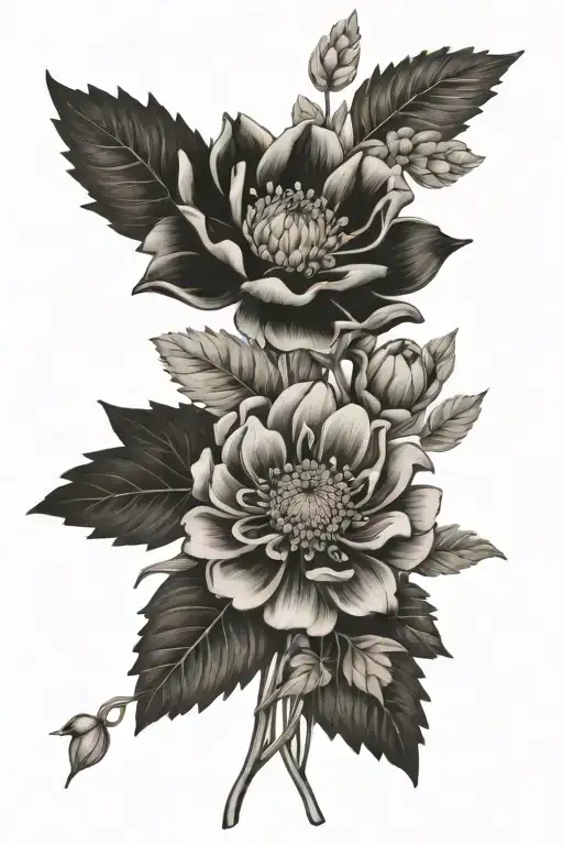 Floral bouquet with chrysanthemum, daisy, carnation, poppy and greenery tattoo design idea