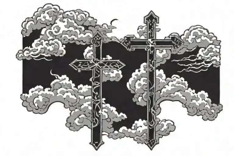 3 crosses on a hilwith a backdrop of clouds tattoo design idea