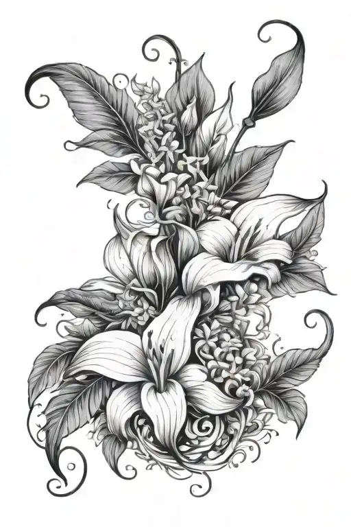 calla lillies and other small flowers with a wrapping vine and a quetzal feather mixed in tattoo design idea