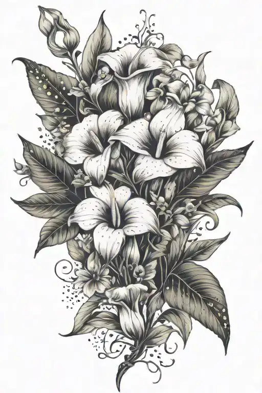 calla lillies and other small flowers with a wrapping vine and a quetzal feather mixed in tattoo design idea