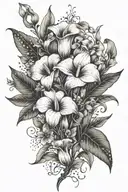 calla lillies and other small flowers with a wrapping vine and a quetzal feather mixed in tattoo design idea