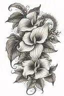 calla lillies and other small flowers with a wrapping vine and a quetzal feather mixed in tattoo design idea