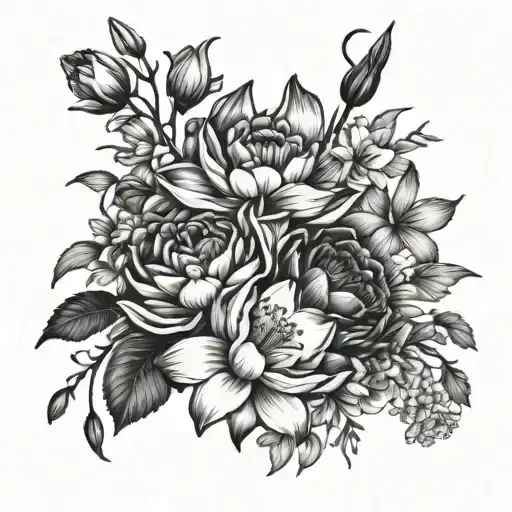 carnation, snowdrop, water lily, larkspur flower bouquet tattoo design idea