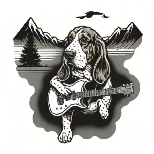 A basset hound playing a guitar on a scenic road trip, symbolizing your love for music and driving tattoo design idea