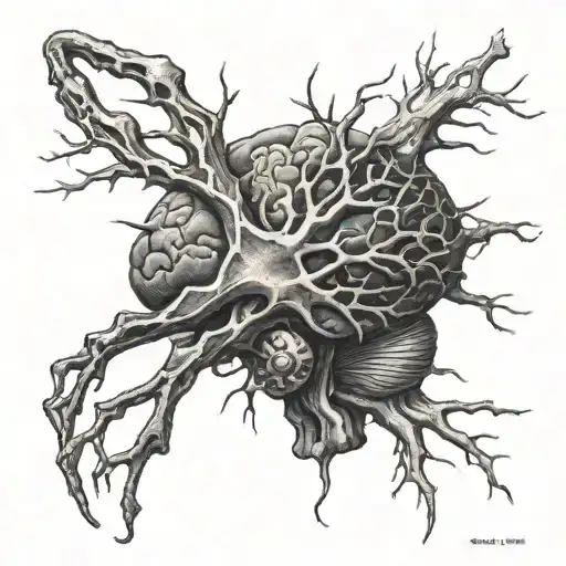 A realistic blackwork tattoo of a neuron firing in the brain, symbolizing the connection between science and life tattoo design idea