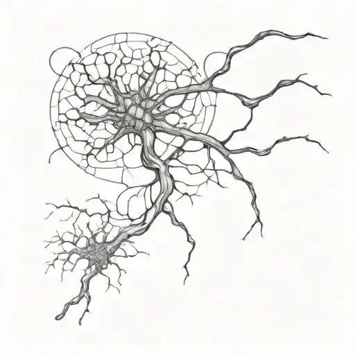 A realistic blackwork tattoo of a neuron firing in the brain, symbolizing the connection between science and life tattoo design idea