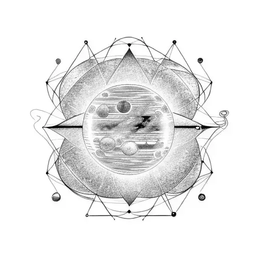 geometric tattoo of planet Venus using only black thin lines and black circles creating resembling the solar system. tattoo design idea