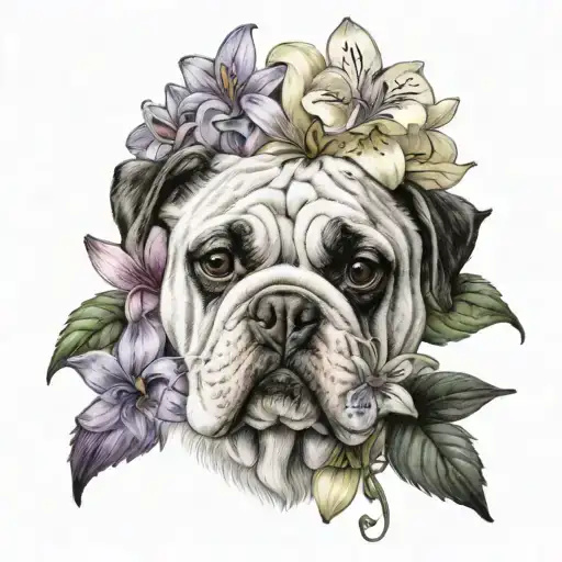 Chrysanthemums flower, lily flower, lilac flower, orchid flower, English bulldogs tattoo design idea