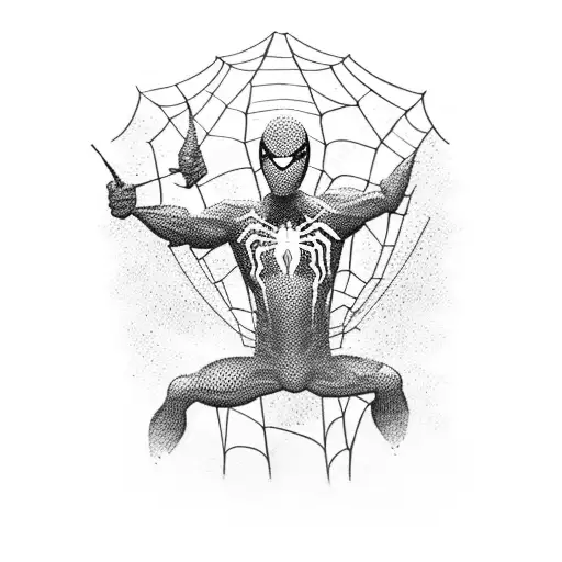 A dotwork tattoo of a silhouette of Spider-Man holding a popcorn bucket tattoo design idea