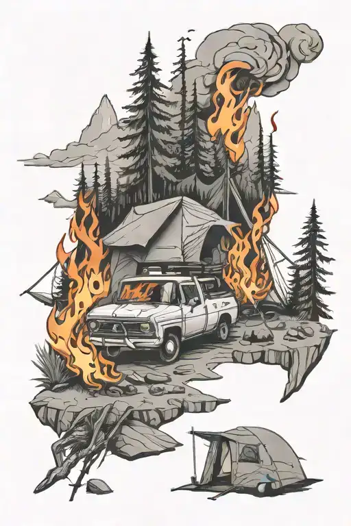 fire and camping tattoo design idea
