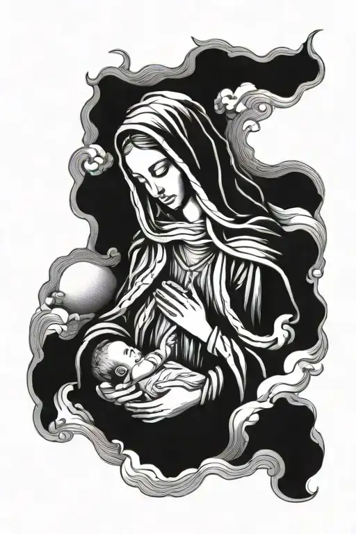 Blessed Virgin Mary holding faceless baby  tattoo design idea