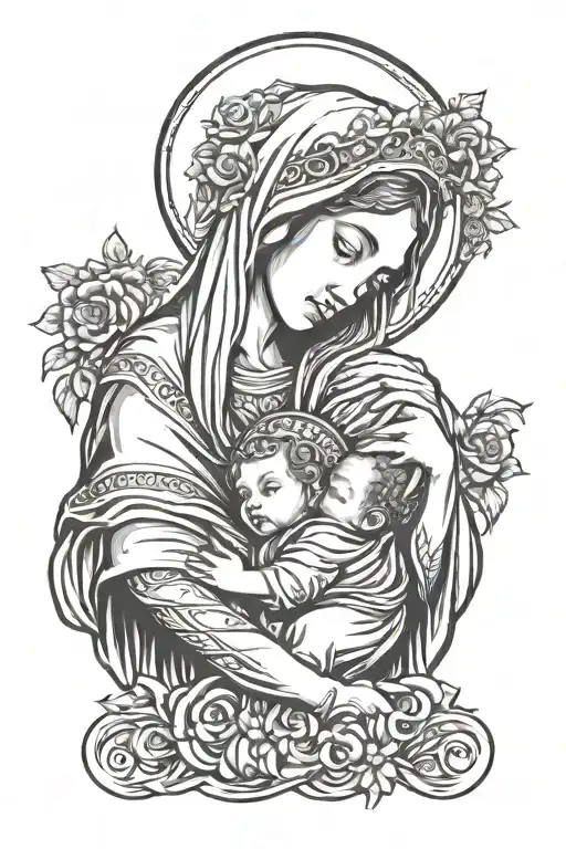 blessed virgin mary with halo holding faceless baby  tattoo design idea