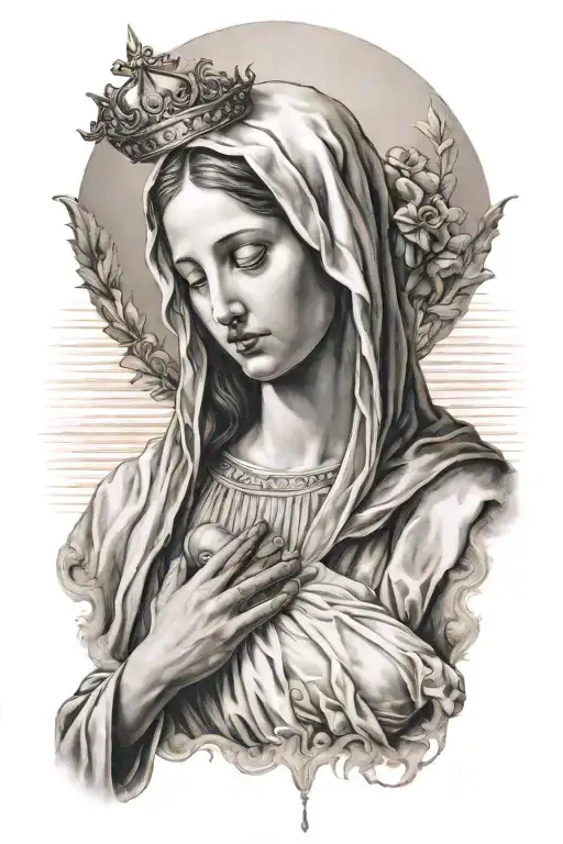 blessed virgin mary with halo holding faceless baby  tattoo design idea