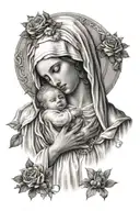 blessed virgin mary with halo holding faceless baby  tattoo design idea