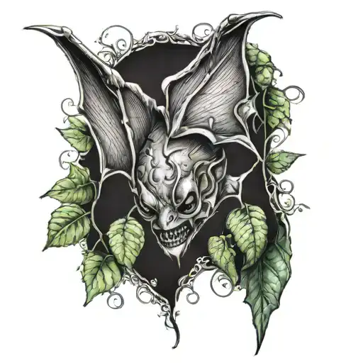 upsidedown  bat wrapped in poison ivy  tattoo design idea