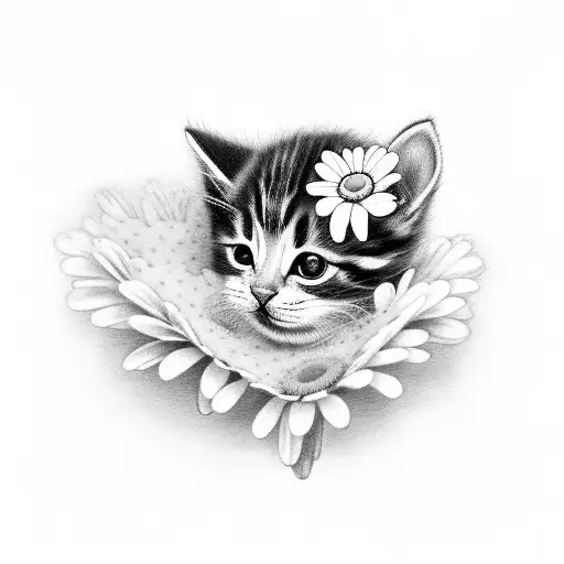 kitten wearing camo and holding a daisy tattoo design idea