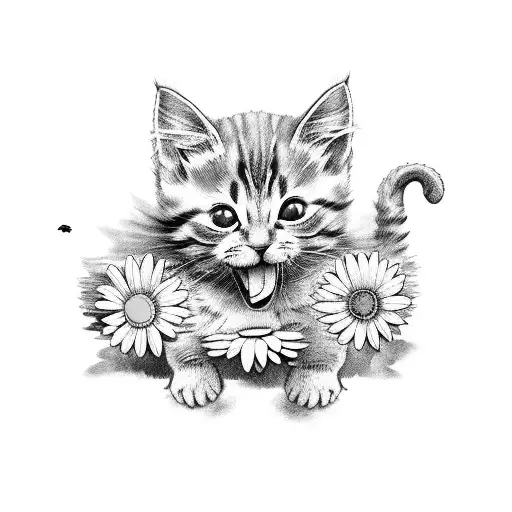 A farmer in overalls surrounded by playful cartoon kittens wearing camouflage and carrying daisies in their mouths tattoo design idea