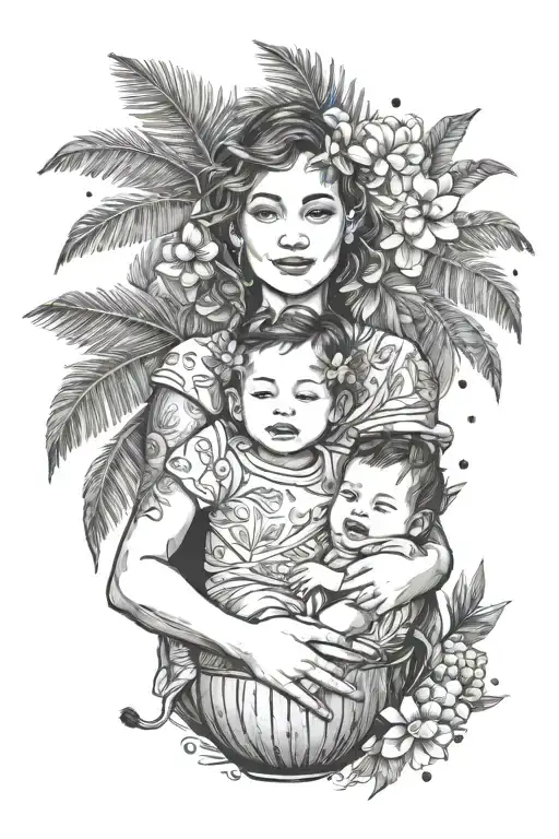 palms, coconuts, mum with baby girl tattoo design idea