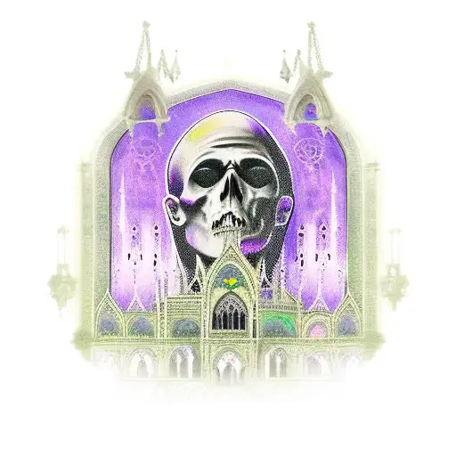 Gothic cathedral with purple stained glass windows tattoo design idea