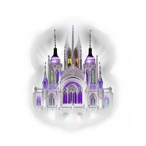 Gothic cathedral with only purple stained glass windows tattoo design idea