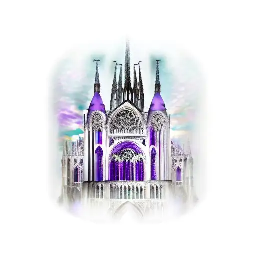 Gothic cathedral with only purple stained glass windows tattoo design idea