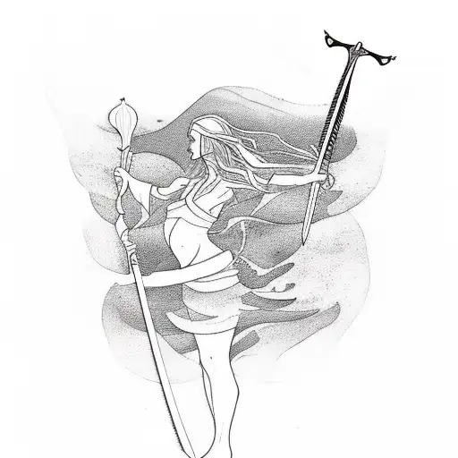 A minimalist tattoo of the Lady of the Lake holding a sword, surrounded by water ripples. tattoo design idea