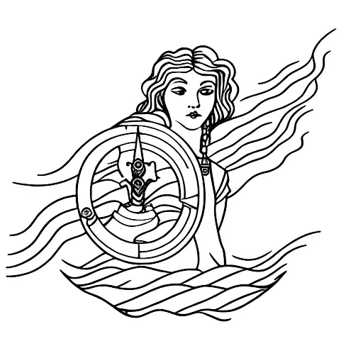 A minimalist tattoo of the Lady of the Lake holding a sword, surrounded by water ripples. tattoo design idea