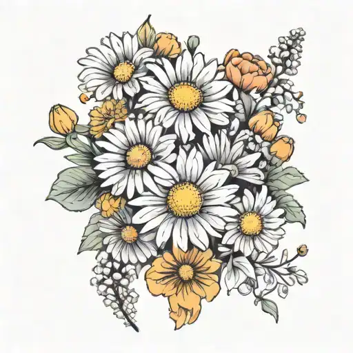 2 daisies  1 chrysanthemum 2 marigolds and 2 cosmos bouquet   tattoo design idea