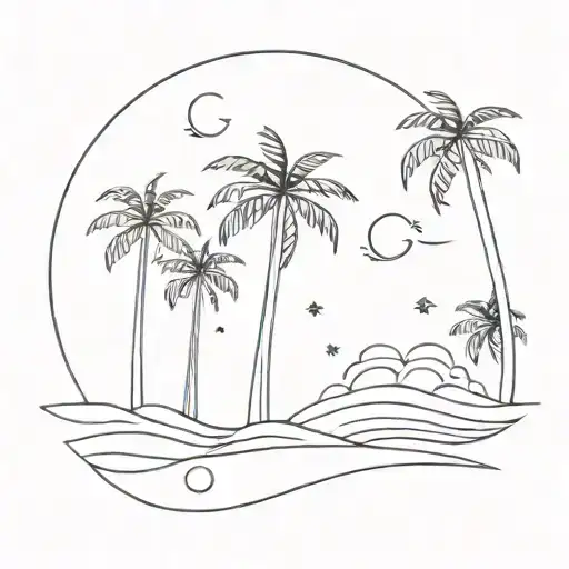 Beach, sun, palm trees and waves tattoo design idea