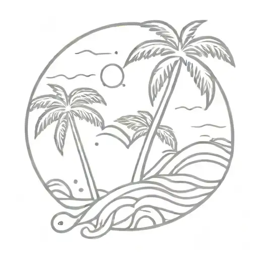 Beach, sun, palm trees and waves tattoo design idea