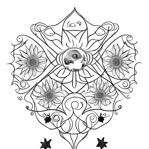for the spine in one straight line down the back. sunflower, moon, stars, flowers, vines, medical heart, butterflies tattoo design idea