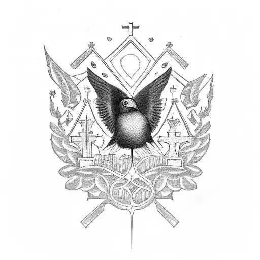 church, small black bird, cemetery tattoo design idea