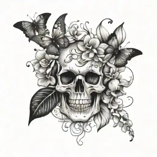half skull with orchids and butterflies flying tattoo design idea