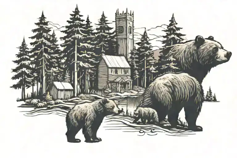 A bear family exploring a forest with a subtle church silhouette in the background tattoo design idea